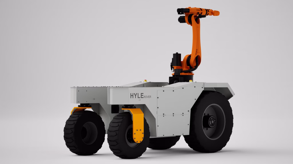 Piattaforma mobile HYLE Rover con braccio antropomorfo KUKA, vista anteriore a tre quarti