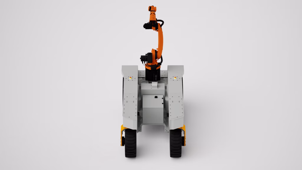 Vista posteriore rialzata della piattaforma HYLE Rover con braccio KUKA e vano centrale