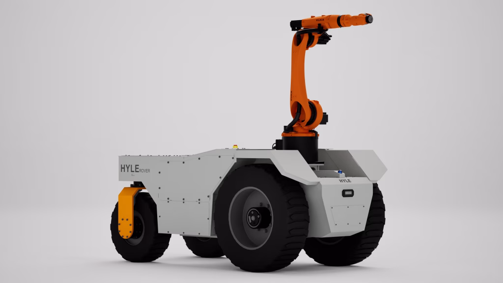 Piattaforma robotica HYLE Rover con braccio KUKA, vista a tre quarti dal lato opposto