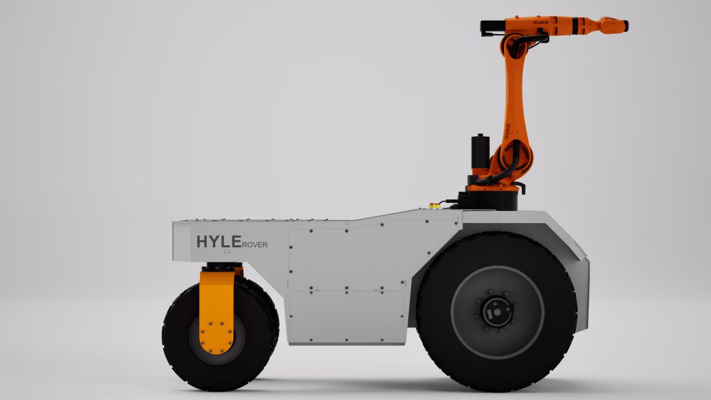 Vista laterale della piattaforma HYLE Rover equipaggiata con braccio antropomorfo KUKA