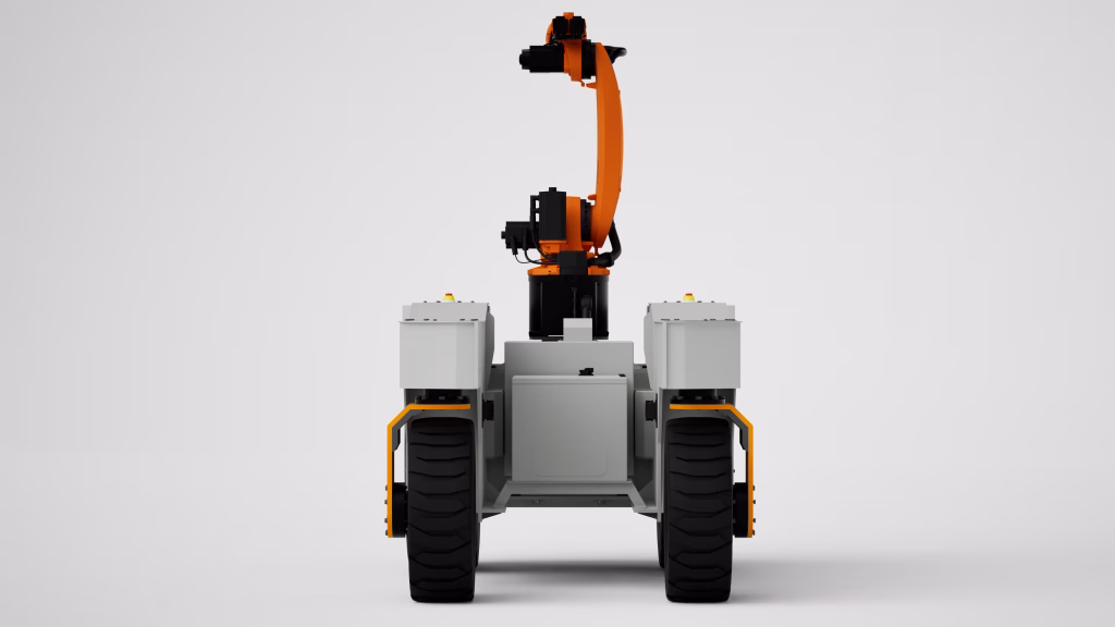 Vista posteriore della piattaforma HYLE Rover con braccio KUKA e vano centrale visibile