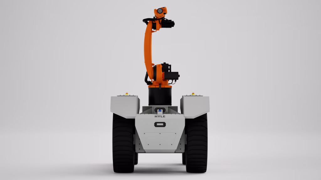 Vista frontale della piattaforma HYLE Rover con braccio antropomorfo KUKA sollevato sopra il telaio