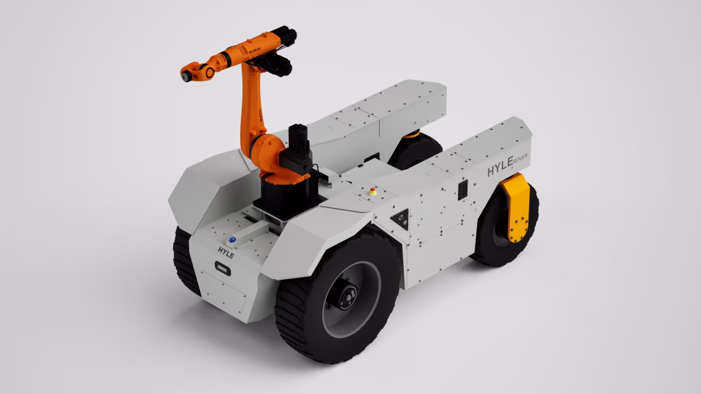 Vista rialzata della piattaforma HYLE Rover con braccio KUKA e struttura modulare del telaio