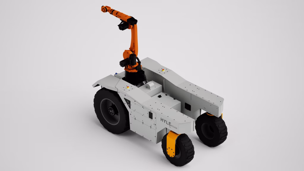 Vista dall’alto a tre quarti della piattaforma HYLE Rover con braccio KUKA e superfici di integrazione