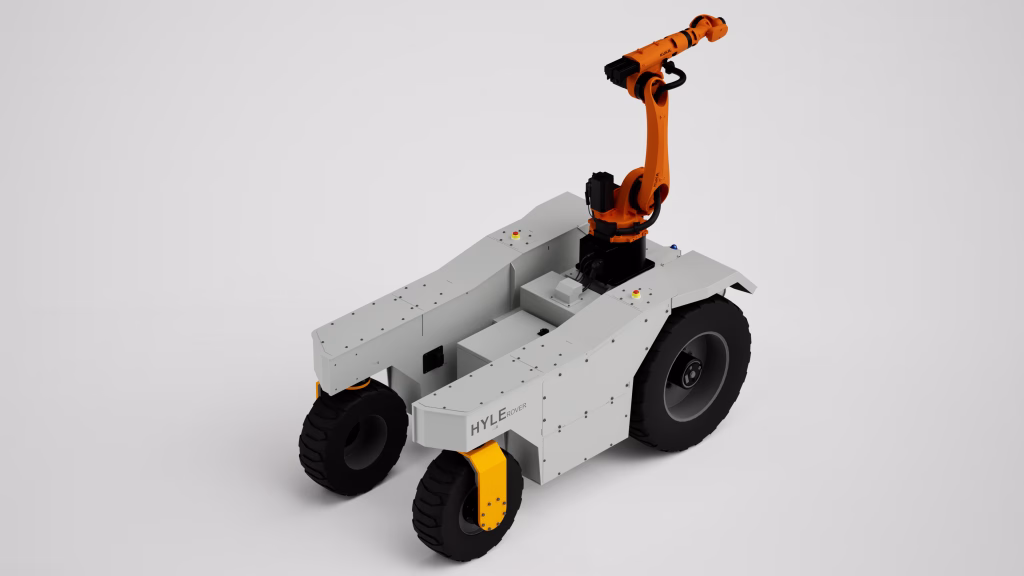 Piattaforma robotica HYLE Rover vista dall’alto con braccio antropomorfo KUKA in posizione ripiegata